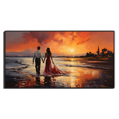 Romantic Sunset Walk - Couple on the Beach Canvas Art