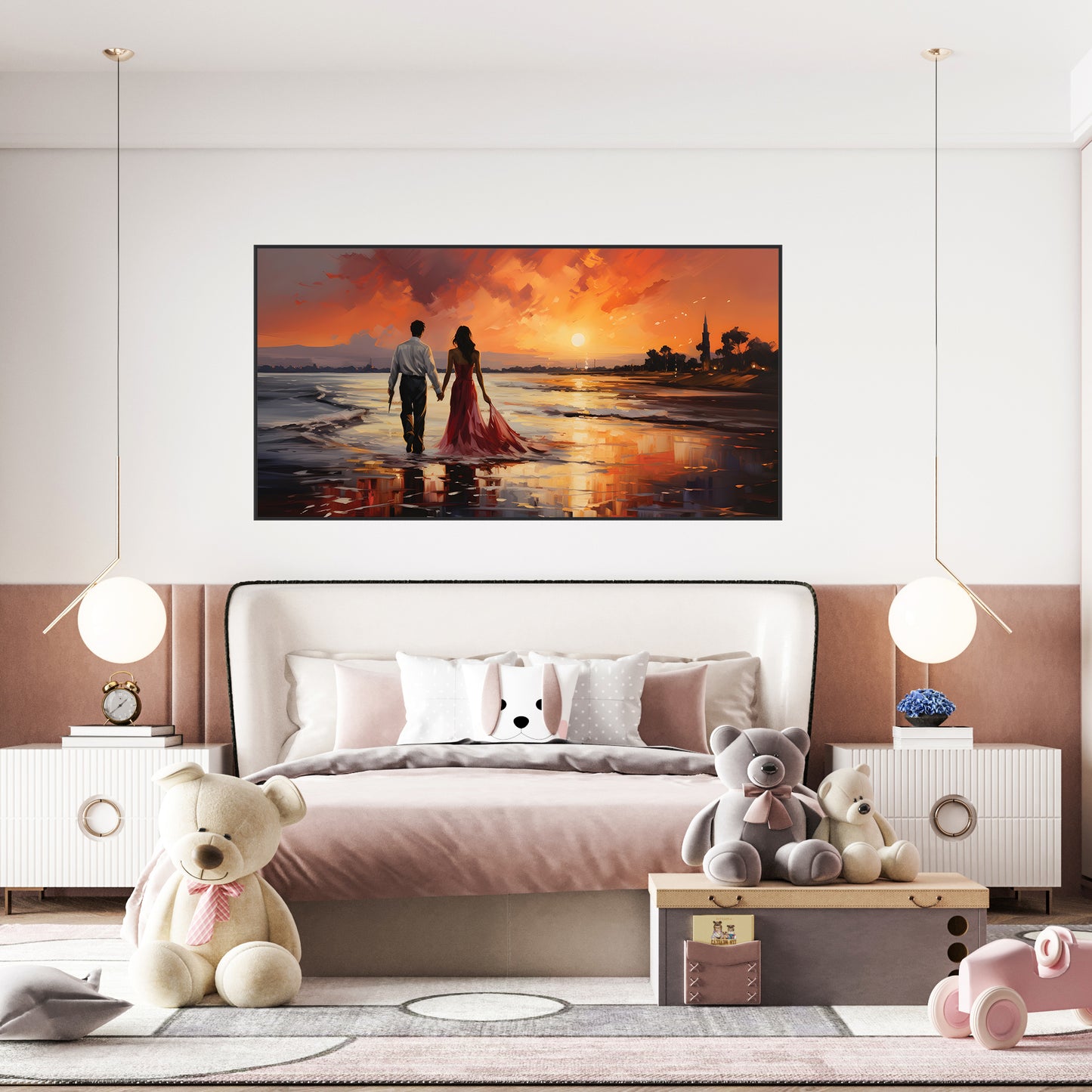 Romantic Sunset Walk - Couple on the Beach Canvas Art