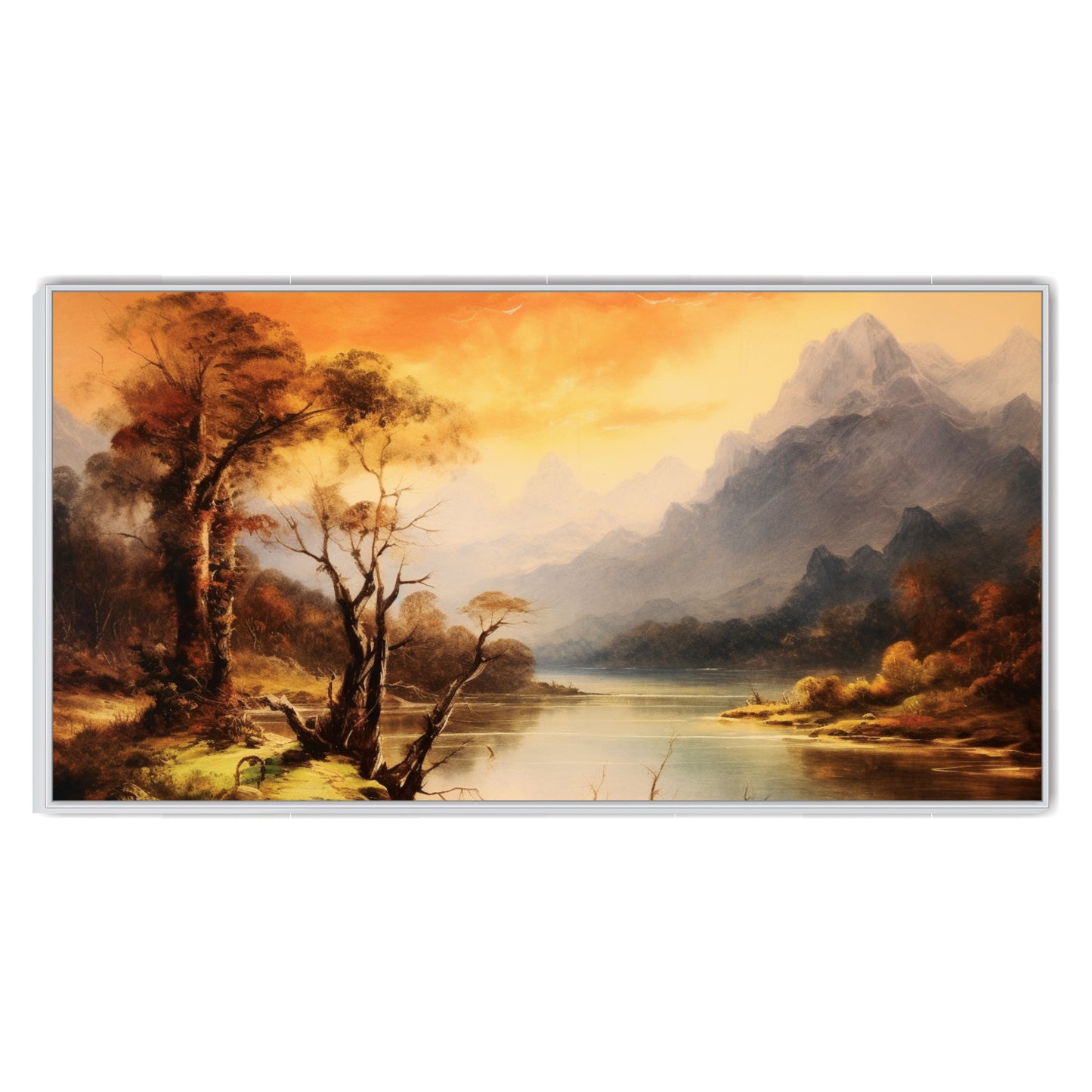 Mountain lake with lone tree foreground Canvas art Print Wall Painting