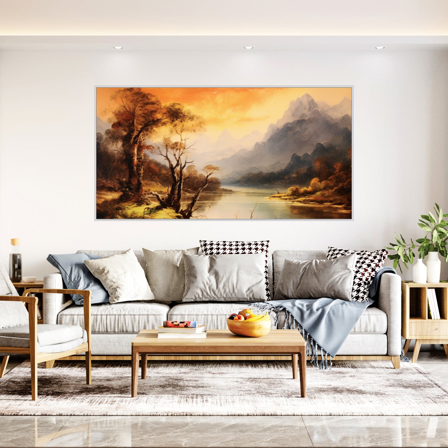 Mountain lake with lone tree foreground Canvas art Print Wall Painting