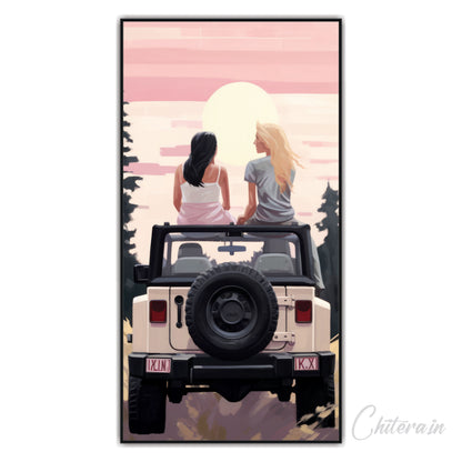 Two Girls Happy Siting Back Jeep Canvas Art