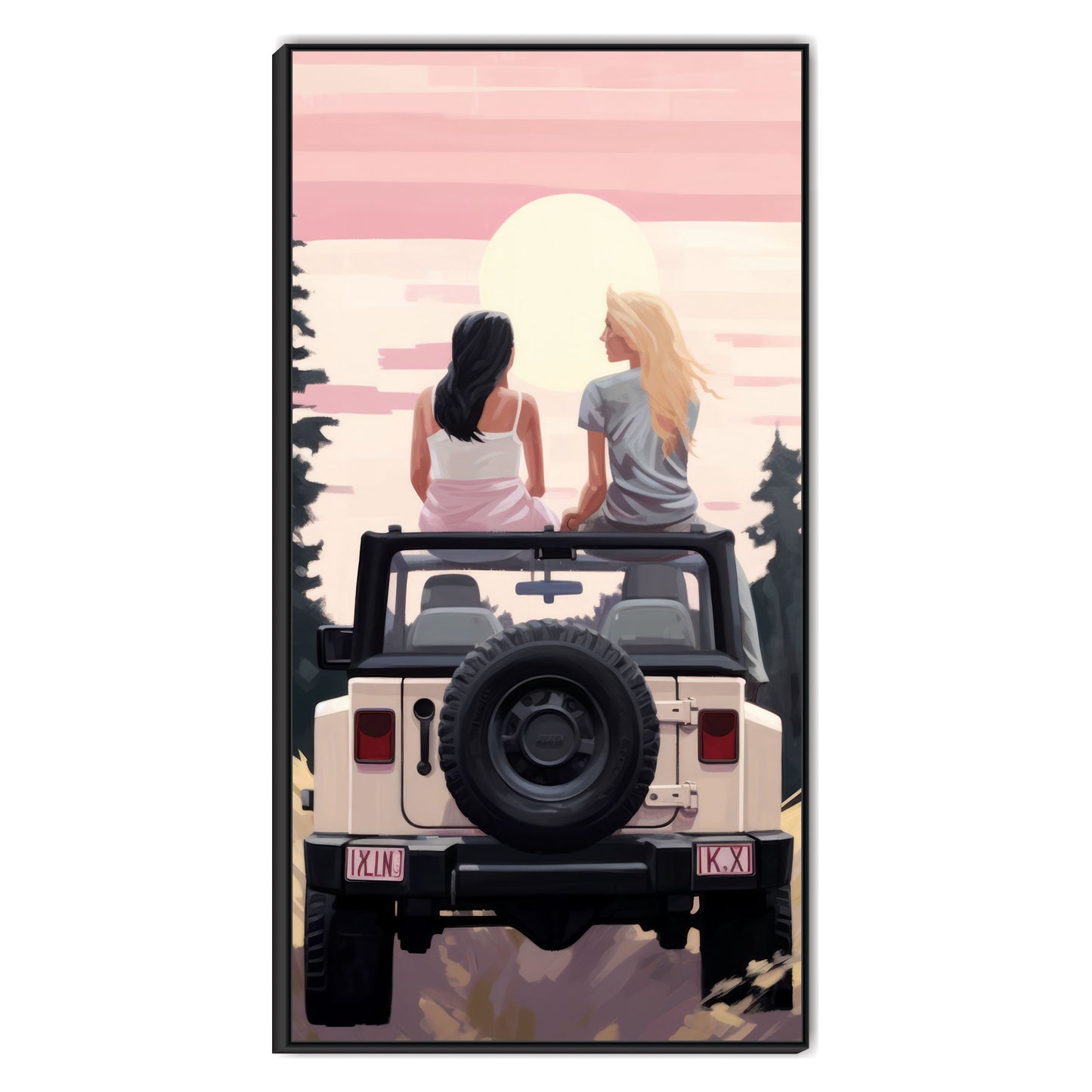 Two Girls Happy Siting Back Jeep Canvas Art