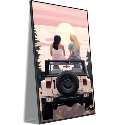 Two Girls Happy Siting Back Jeep Canvas Art