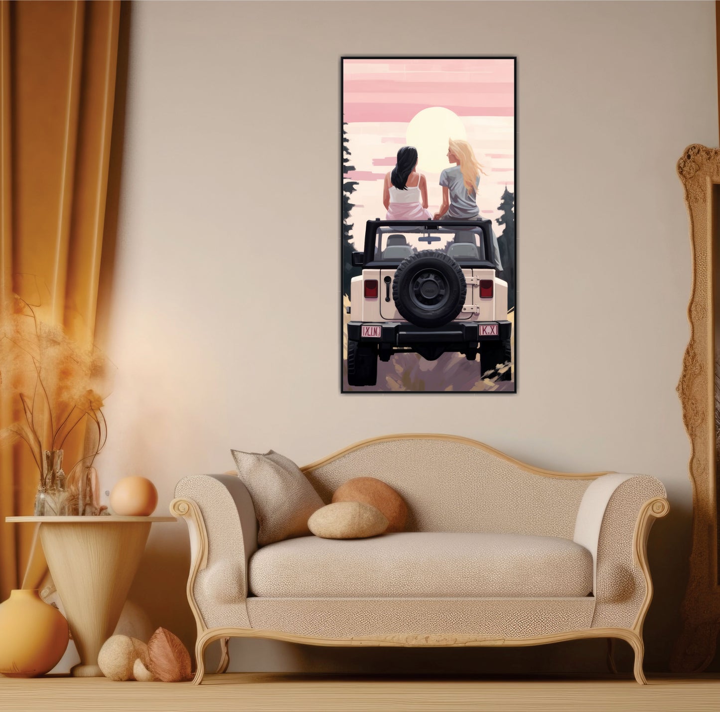 Two Girls Happy Siting Back Jeep Canvas Art