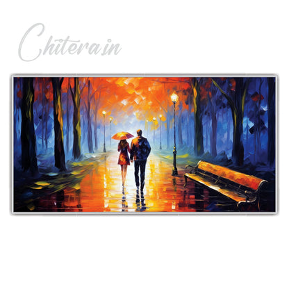 Couple Walking Rain with Umbrella Canvas Art Print Wall Painting