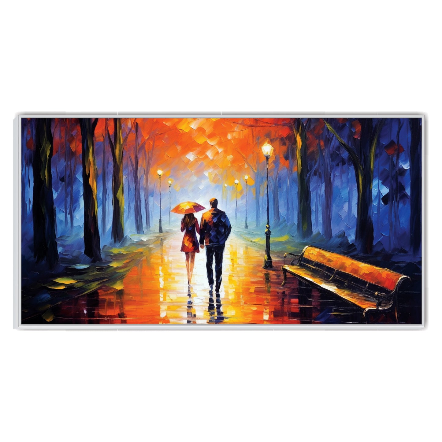 Couple Walking Rain with Umbrella Canvas Art Print Wall Painting