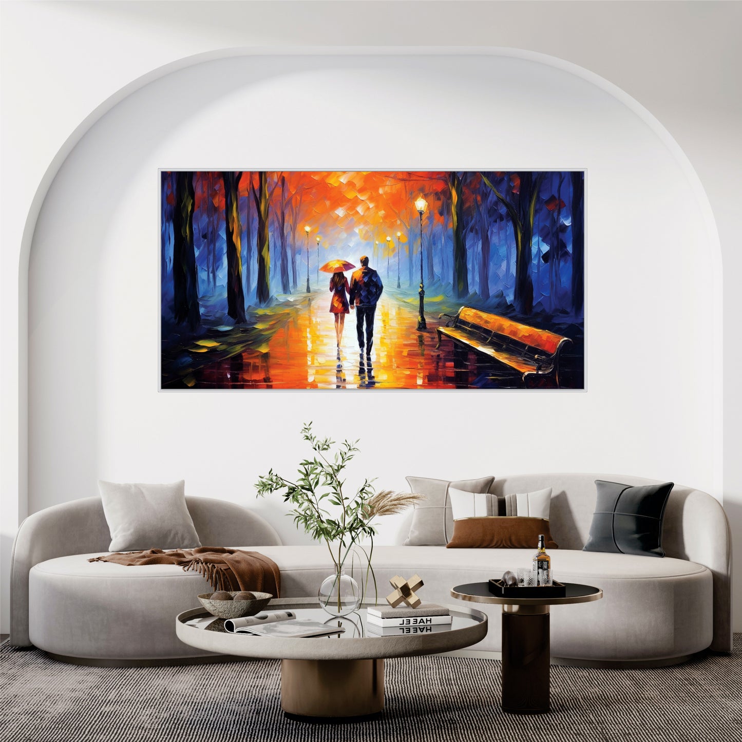 Couple Walking Rain with Umbrella Canvas Art Print Wall Painting