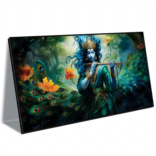 Krishna with Peacock Aura Canvas Wall Art